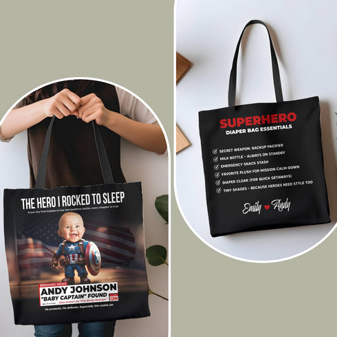 Personalized Baby Superhero Tote Bag – Custom Captain Design with Name, Photo & Quote